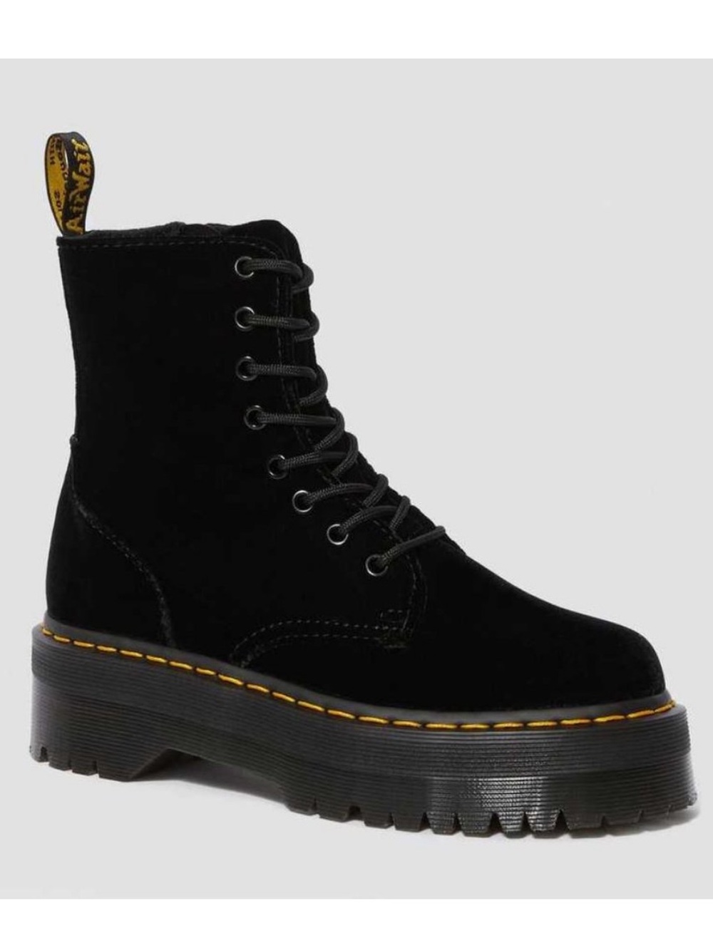 Dr. Martens Black Velvet Platform Lace-Up Boots with Yellow Stitching - Picture 2 of 2